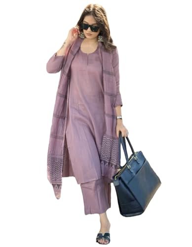ANNI DESIGNER Women's Rayon Blend Straight Solid Kurta with Pant & Dupatta (Raja Saab Purple-VKS01_XXL_Purple_XX-Large)
