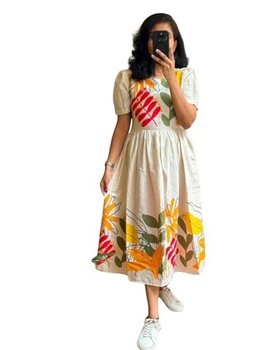 VERONICA LIFESTYLE Women's Pure Rayon Anarkali Kurta/Kurti for Women | Floral Flower Design Print | Western Maxi Fit & Flare Dress | Casual Spring and Everyday Wear (in, Alpha, L, White & Yellow)