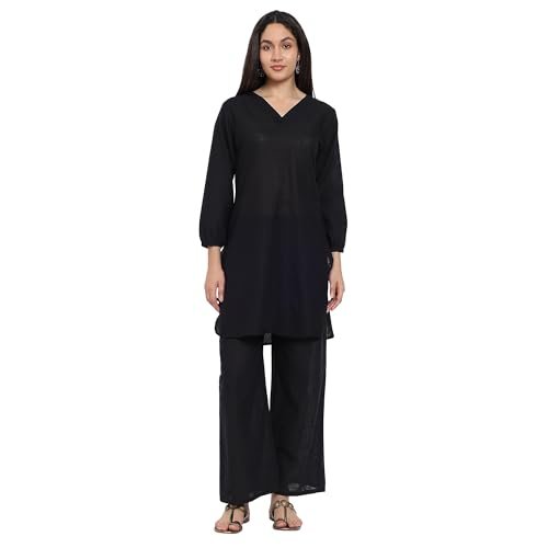 DISOLVE Women Cotton Kurta Set for Women Summer Dress Kurta Palazzo Size L (Black)