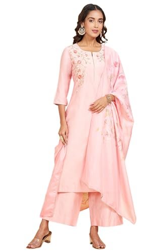 Rangmanch by Pantaloons Women's Viscose PST Regular Fit Kurta Pant Dupatta Set (110146093008_Peach Whip