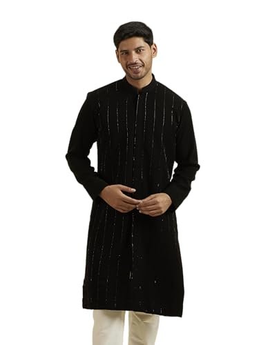 Manyavar Men's Rayon Blend Hand Embroidered Long Kurta (Black,XL)