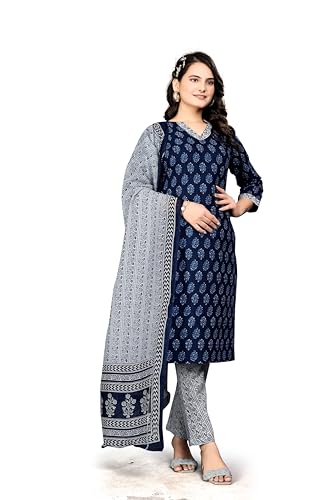 WEARWA Women's Cotton Slub Salwar Suit Set – Navy Blue & White Printed Ethnic Kurta, Pant & Dupatta – Traditional Indian Dress for Festive & Casual Wear (in, Alpha, S, Plus, Navy Blue) - Image 5