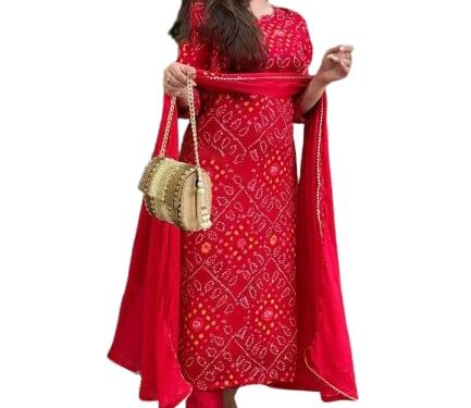 ASSUME FAB Women Viscose Rayon Bandhani Print A-Line Maternity and Feeding Wear Kurta Pant Set with Dupatta Red