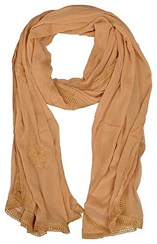 YOUTHQUAKE Flower Embroidered Diamond Work Chiffon Dupatta for Womens & Girls With 4 Side Lace (Beige)