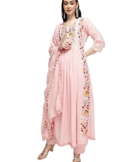 ishin Floral Embroidered Round Neck Pure Cotton A-Line Kurta With Trousers & Dupatta (INWSDAW24931_PN_S)