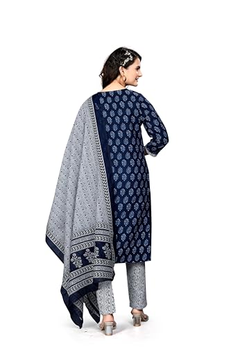 WEARWA Women's Cotton Slub Salwar Suit Set – Navy Blue & White Printed Ethnic Kurta, Pant & Dupatta – Traditional Indian Dress for Festive & Casual Wear (in, Alpha, S, Plus, Navy Blue) - Image 4