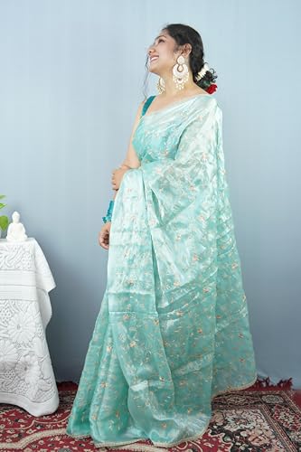 MESCHE Women's Zari Embroidery Work Organza Saree Blue Colour With Unstiched Blouse Piece. - Image 3