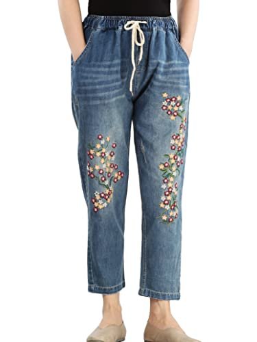 FTCayanz Women's Elastic Waist Cropped Jeans Baggy Drawstring Stretch Denim Pants with Pockets Style 3 M