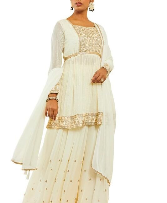 Soch Womens White Georgette Floral Zari Embroidered Suit Set with Dupatta