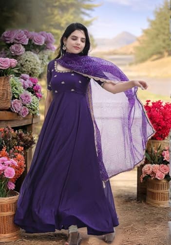 GoSriKi Women's Rayon Viscose Anarkali Embroidered Kurta with Pant & Dupatta (Gumsum Begani-VKS01-GS_XL_Begani_X-Large) - Image 5