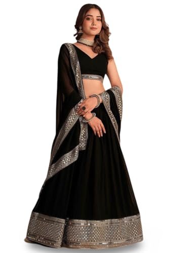 KEDARFAB Women's Georgette Sequence Embroidered Lehenga Choli Set | Stylish | Party| Lehenga For Women (Black Eid)