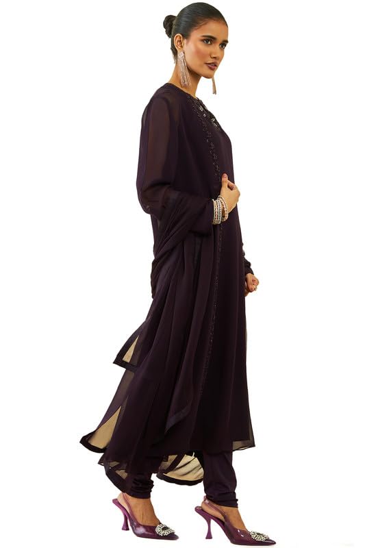 Soch Womens Wine Georgette Beadwork Embellished A-Line Chudidar Suit Set with Shrug - Image 8
