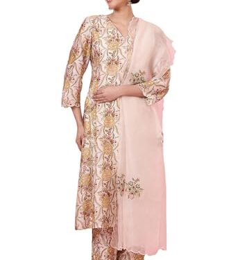 Folksong Women's Ecru Handblock Printed Kurta, Straight Pants and Dupatta Set (Size: XS)-FS12070-911636