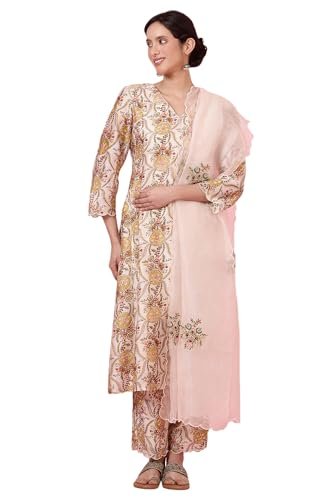 Folksong Women's Ecru Handblock Printed Kurta, Straight Pants and Dupatta Set (Size: XS)-FS12070-911636