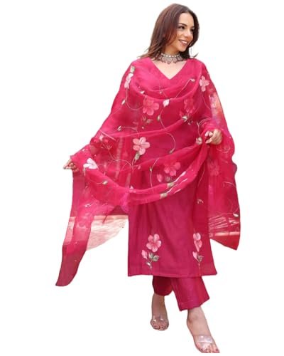 ANNI DESIGNER Women's Rayon Blend Straight Printed Kurta with Pant & Dupatta (ROKA Rani_L_Pink_Large)