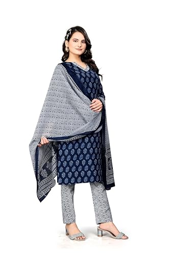 WEARWA Women's Cotton Slub Salwar Suit Set – Navy Blue & White Printed Ethnic Kurta, Pant & Dupatta – Traditional Indian Dress for Festive & Casual Wear (in, Alpha, S, Plus, Navy Blue) - Image 6