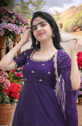 GoSriKi Women's Rayon Viscose Anarkali Embroidered Kurta with Pant & Dupatta (Gumsum Begani-VKS01-GS_XL_Begani_X-Large) - Image 4