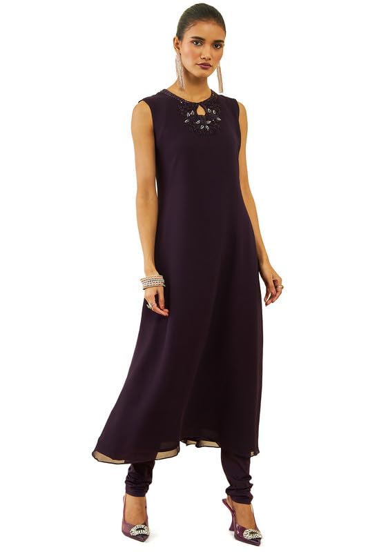 Soch Womens Wine Georgette Beadwork Embellished A-Line Chudidar Suit Set with Shrug - Image 2