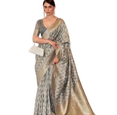 SWORNOF Women's Organza Pure Soft Silk Handloom Saree With Blouse Piece (DELUXE) (GREY)