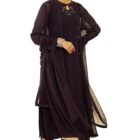 Soch Womens Wine Georgette Beadwork Embellished A-Line Chudidar Suit Set with Shrug