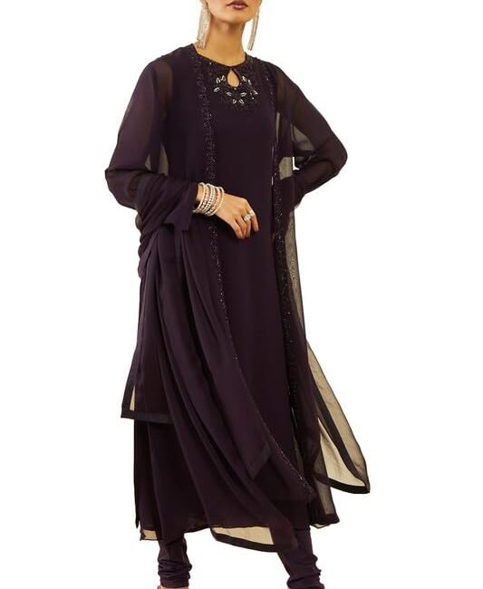 Soch Womens Wine Georgette Beadwork Embellished A-Line Chudidar Suit Set with Shrug