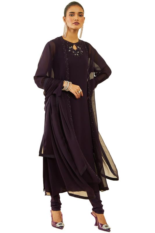 Soch Womens Wine Georgette Beadwork Embellished A-Line Chudidar Suit Set with Shrug