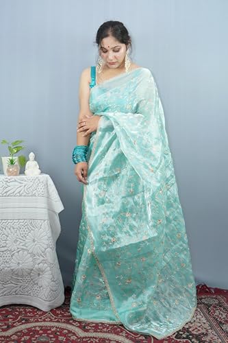 MESCHE Women's Zari Embroidery Work Organza Saree Blue Colour With Unstiched Blouse Piece. - Image 5
