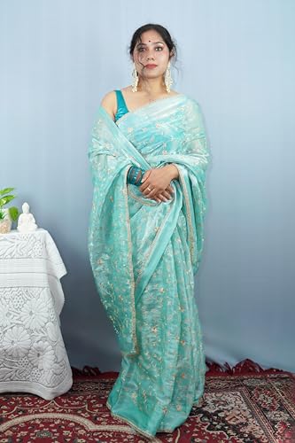 MESCHE Women's Zari Embroidery Work Organza Saree Blue Colour With Unstiched Blouse Piece. - Image 7