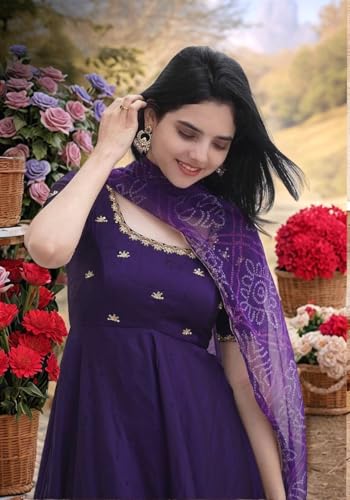 GoSriKi Women's Rayon Viscose Anarkali Embroidered Kurta with Pant & Dupatta (Gumsum Begani-VKS01-GS_XL_Begani_X-Large) - Image 3