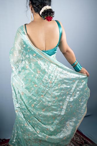 MESCHE Women's Zari Embroidery Work Organza Saree Blue Colour With Unstiched Blouse Piece. - Image 4