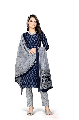 WEARWA Women's Cotton Slub Salwar Suit Set – Navy Blue & White Printed Ethnic Kurta, Pant & Dupatta – Traditional Indian Dress for Festive & Casual Wear (in, Alpha, S, Plus, Navy Blue)