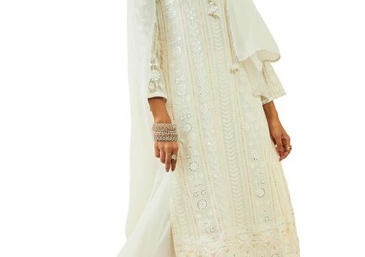 Soch Womens Off White Georgette All-Over Embroidered Palazzo Suit Set with Dupatta