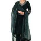 Soch Womens Green Velvet Embroidered Suit Set With Thread Work