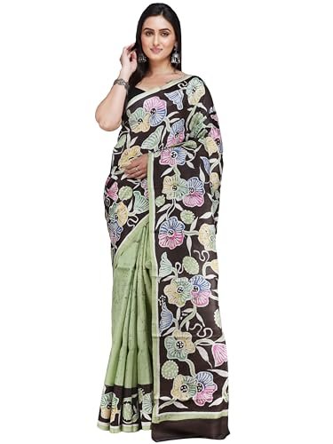 Retro Urban Weaves Women's Green and Black Colour Pure Murshidabad Silk Half and Half Hand Batik Printed Saree From Bengal