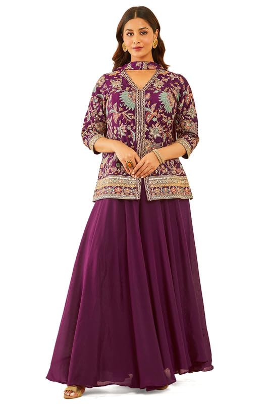 Soch Womens Wine Embroidered Chinon Sharara Suit with Dupatta - Image 4
