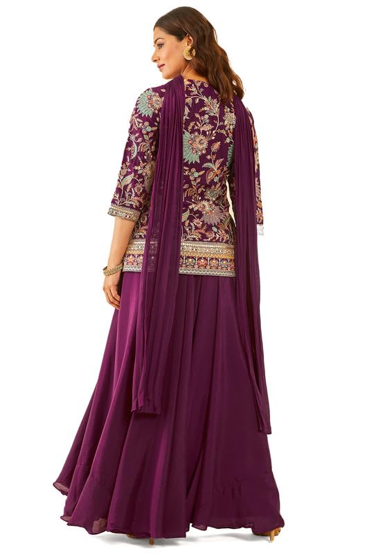 Soch Womens Wine Embroidered Chinon Sharara Suit with Dupatta - Image 6