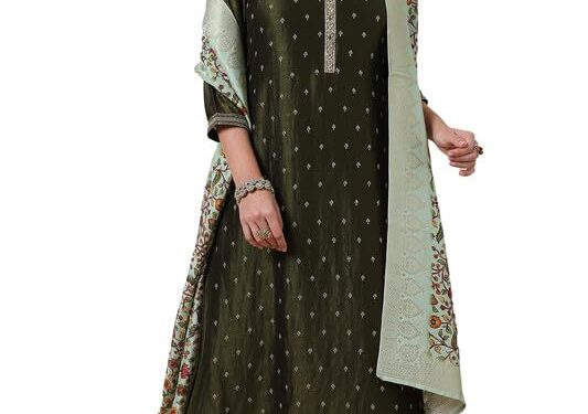 Soch Womens Olive Zari Embroidered Silk Blend Suit Set with Zardosi