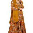 Soch Womens Mustard Botanical Print Chinon Angrakha Suit Set with Dupatta