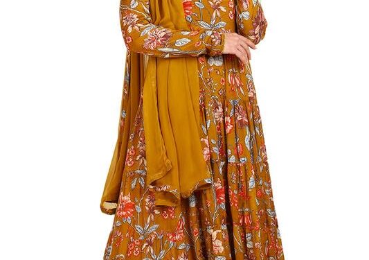 Soch Womens Mustard Botanical Print Chinon Angrakha Suit Set with Dupatta