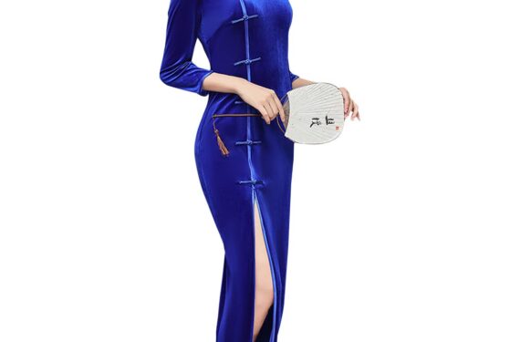 StarDY Chinese Traditional Velour Cheongsam Maxi Dress Elegant Women Long Sleeve Side Slit Slim Fit Qipao Party Dress (Royal Blue, L)