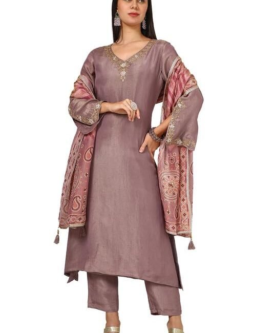 Soch Womens Purple Tissue Embroidered Suit Set With Beads And Stones