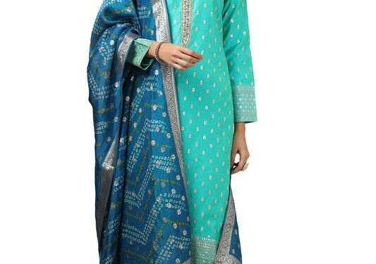 Soch Womens Turquoise Blue Chanderi Embellished Suit Set With Sequins