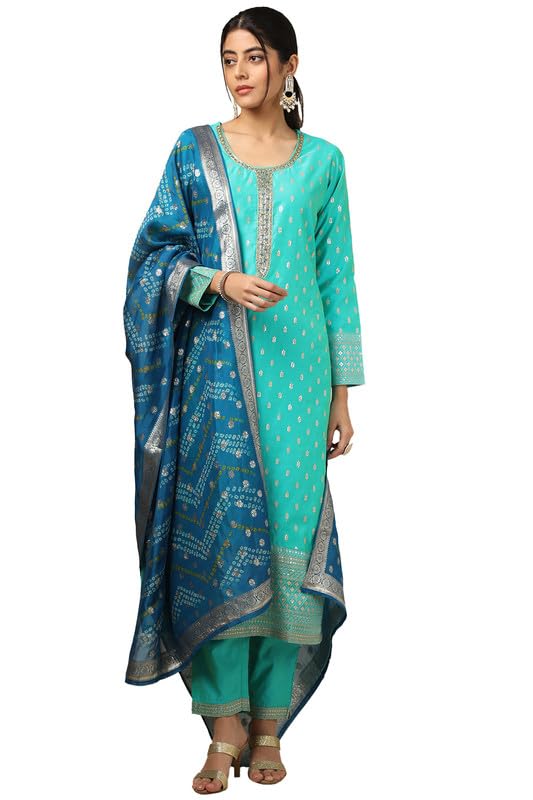 Soch Womens Turquoise Blue Chanderi Embellished Suit Set With Sequins