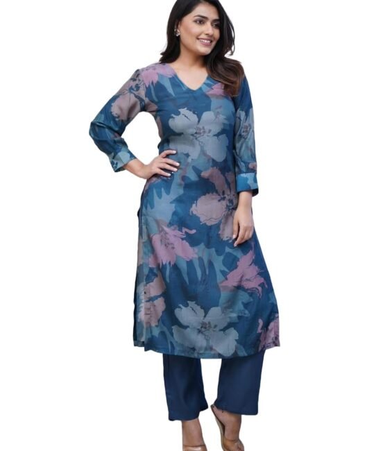 GoSriKi Women's Rayon Blend Straight Printed Kurta with Pant (KITIMAT Cerosin-GS_L_Blue_Large)