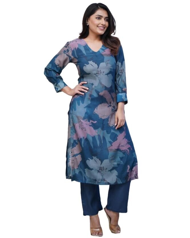 GoSriKi Women's Rayon Blend Straight Printed Kurta with Pant (KITIMAT Cerosin-GS_L_Blue_Large)