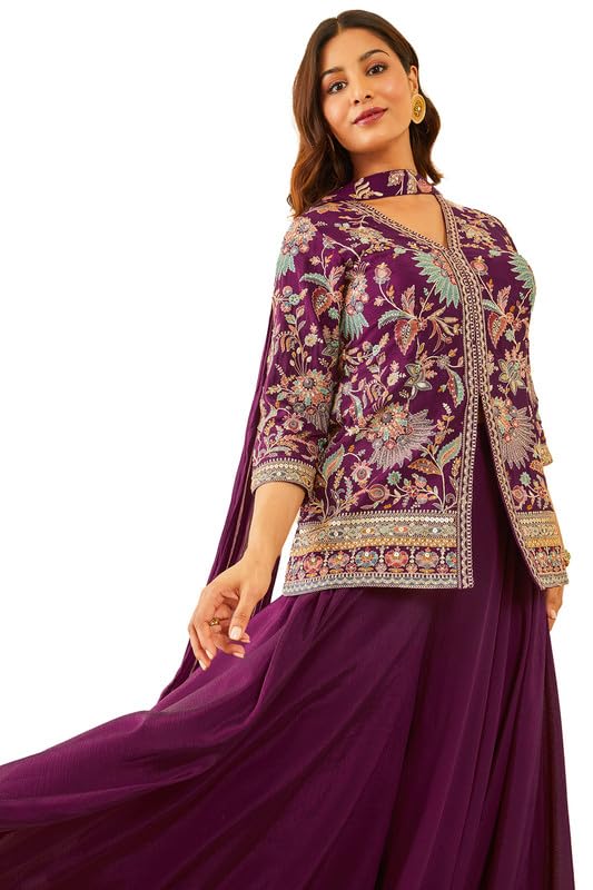 Soch Womens Wine Embroidered Chinon Sharara Suit with Dupatta - Image 5
