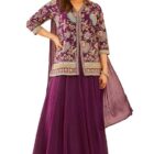 Soch Womens Wine Embroidered Chinon Sharara Suit with Dupatta