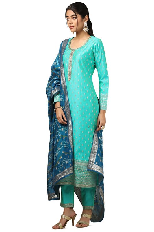Soch Womens Turquoise Blue Chanderi Embellished Suit Set With Sequins - Image 8