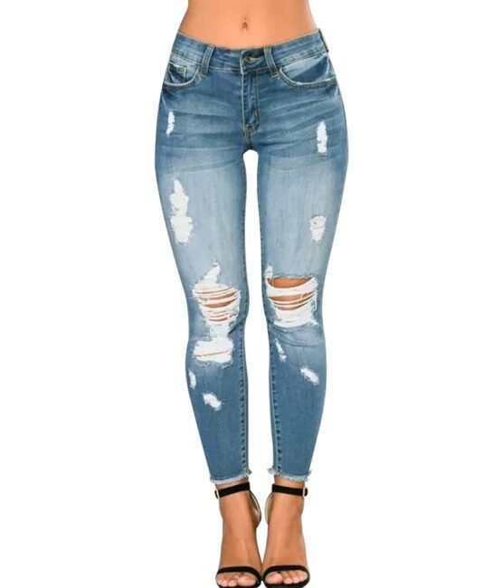 CME SHOWU Women Skinny Ripped Jeans Stretch Distressed Destroyed Denim Pants(Light Blue,L)