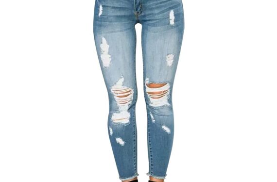 CME SHOWU Women Skinny Ripped Jeans Stretch Distressed Destroyed Denim Pants(Light Blue,L)
